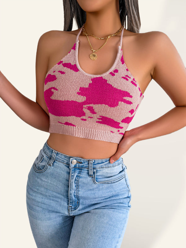 Pattern Halter Neckline Adjustable Tie Closures Crop Top kakaclo