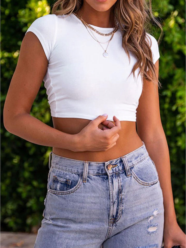 Solid Color Open Back Strap Crop Top kakaclo