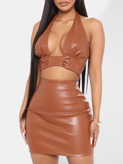 Solid Color Faux Leather Crop Halter Top With Matching Skirt kakaclo