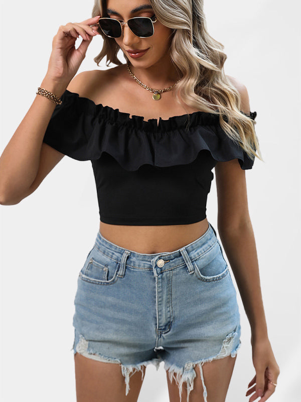 Solid Color Ruffle Off-the-shoulder Crop Top kakaclo