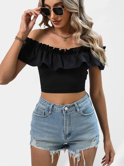 Solid Color Ruffle Off-the-shoulder Crop Top kakaclo