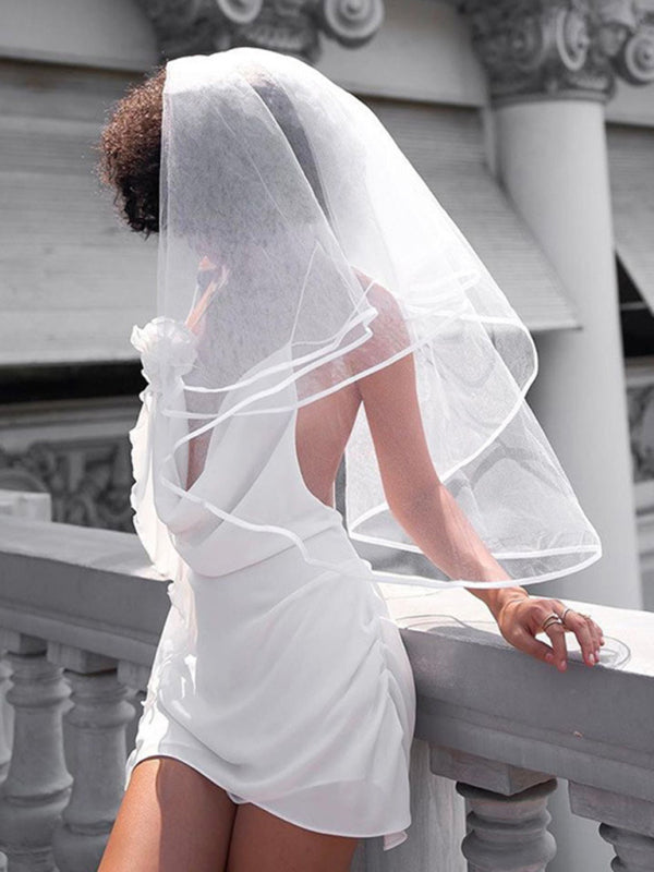 Solid Color Cowl Neck Flower Applique Mini Dress kakaclo