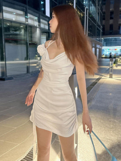 Solid Color Cowl Neck Flower Applique Mini Dress kakaclo