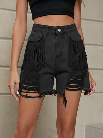 Fringe Ripped Denim Shorts kakaclo