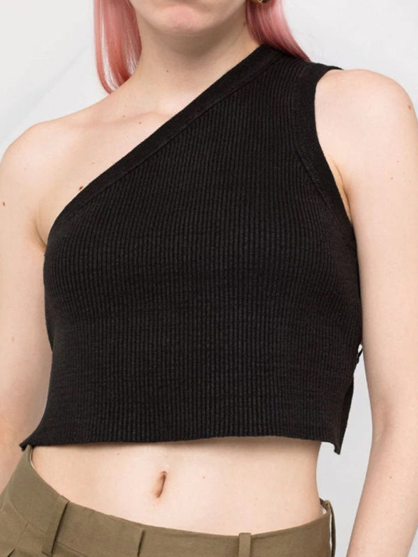 Solid Color Open Back One-shoulder Crop Top kakaclo