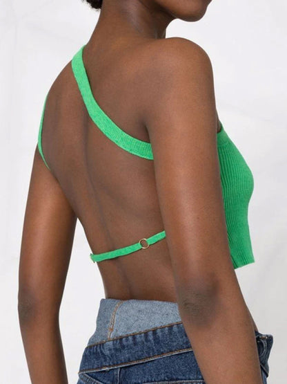 Solid Color Open Back One-shoulder Crop Top kakaclo