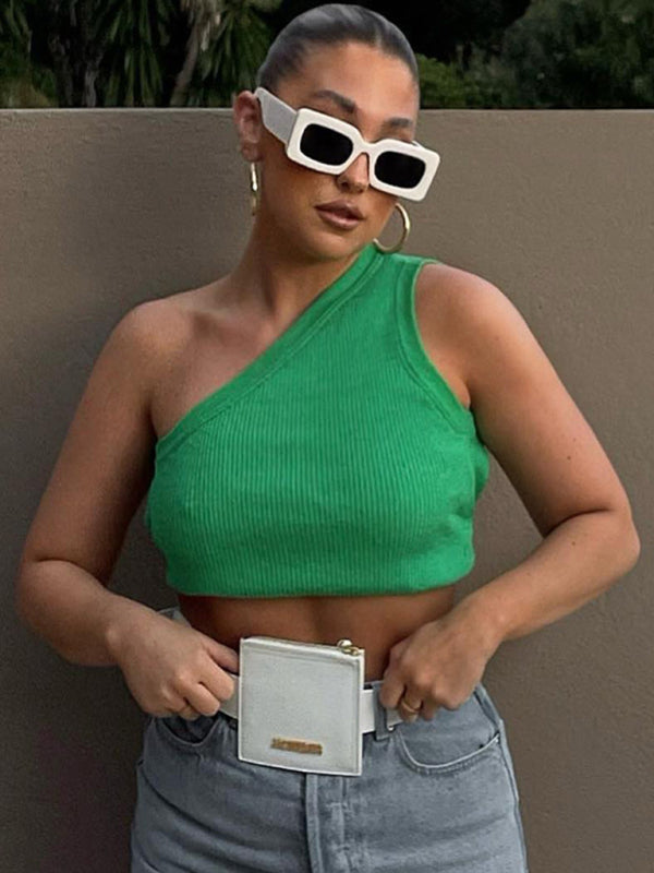 Solid Color Open Back One-shoulder Crop Top kakaclo