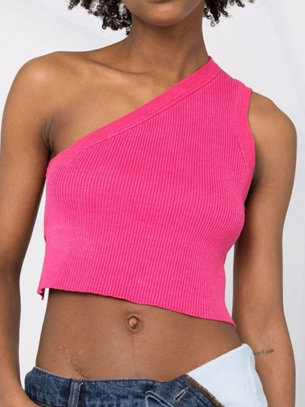 Solid Color Open Back One-shoulder Crop Top kakaclo
