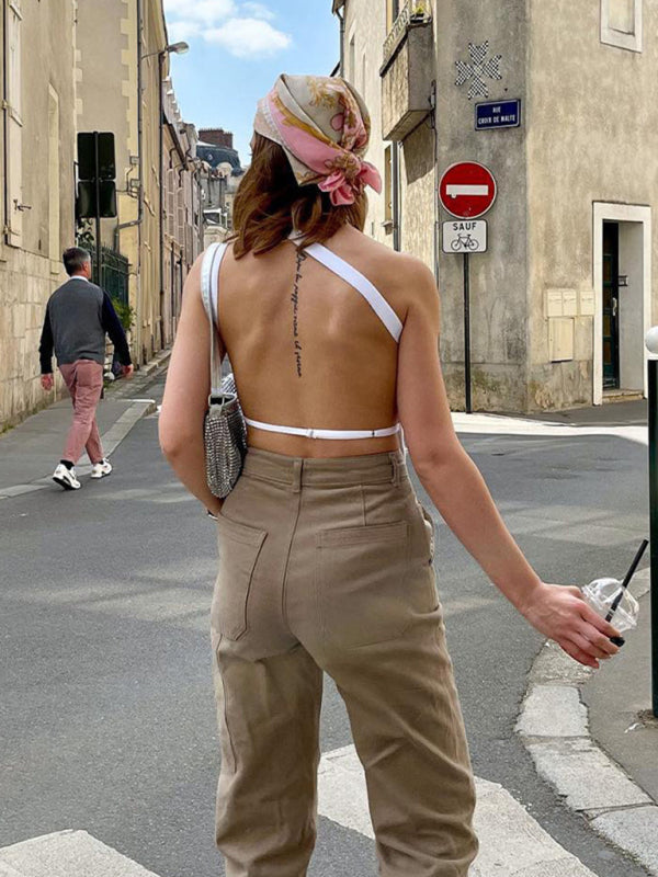 Solid Color Open Back One-shoulder Crop Top kakaclo