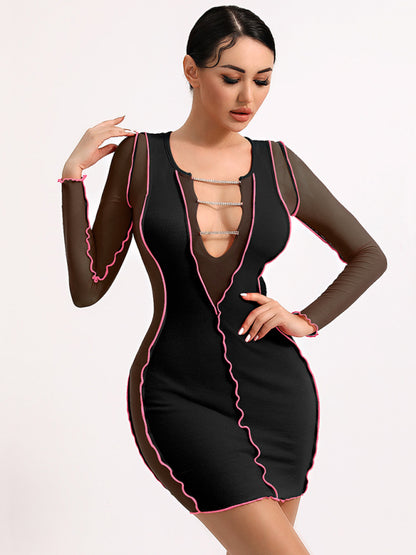 Sexy Slim Mesh Long Sleeve V Neck Chain Dress kakaclo