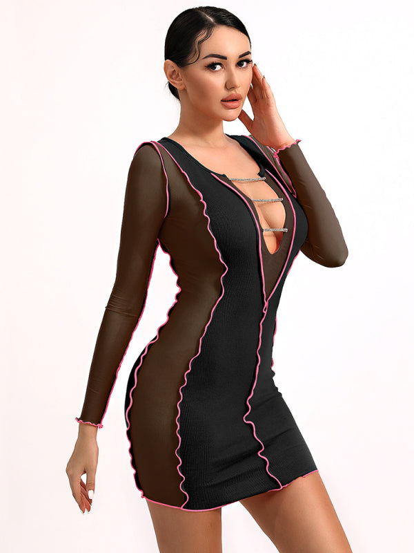 Sexy Slim Mesh Long Sleeve V Neck Chain Dress kakaclo