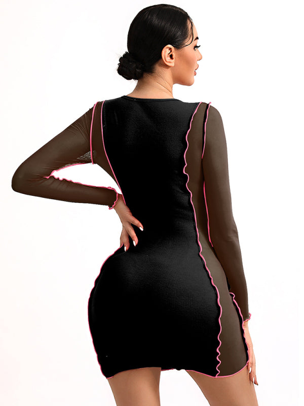 Sexy Slim Mesh Long Sleeve V Neck Chain Dress kakaclo