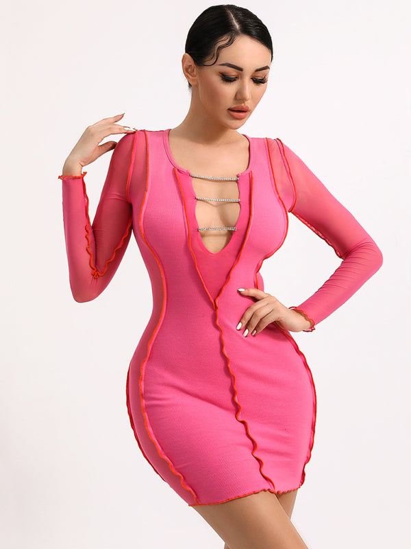 Sexy Slim Mesh Long Sleeve V Neck Chain Dress kakaclo
