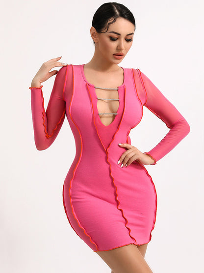 Sexy Slim Mesh Long Sleeve V Neck Chain Dress kakaclo
