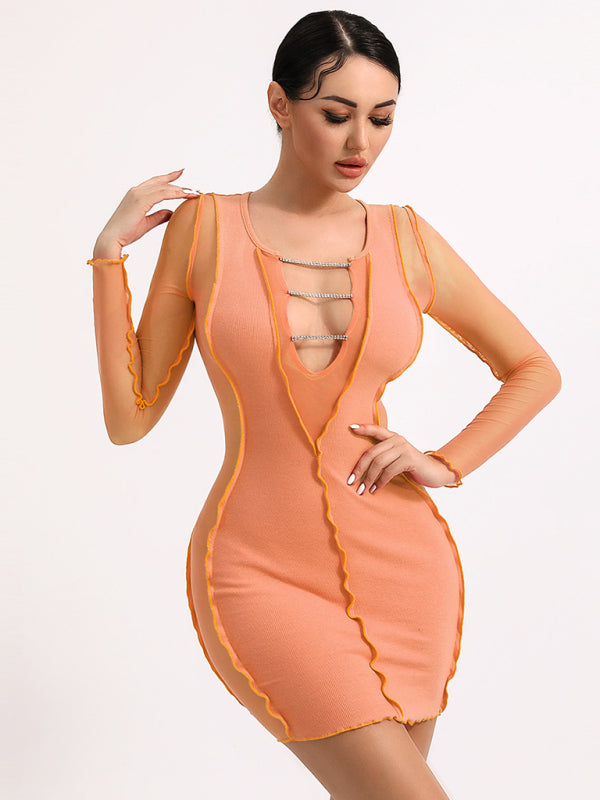 Sexy Slim Mesh Long Sleeve V Neck Chain Dress kakaclo