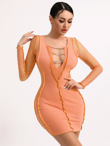 Sexy Slim Mesh Long Sleeve V Neck Chain Dress kakaclo