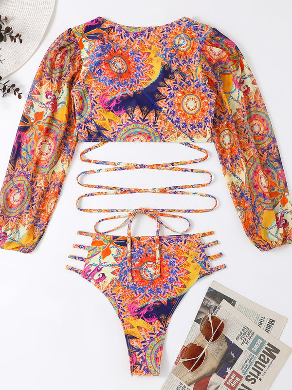 Ethnic Printed Mesh Long Sleeve Bikini Set kakaclo