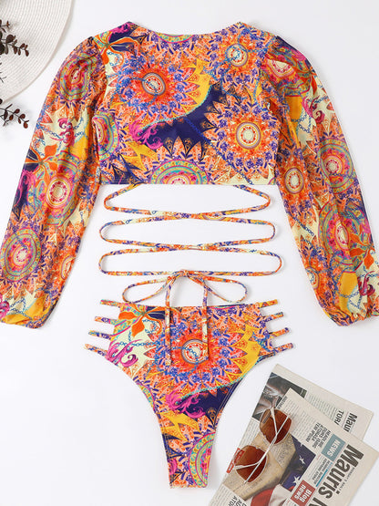 Ethnic Printed Mesh Long Sleeve Bikini Set kakaclo