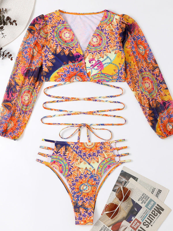 Ethnic Printed Mesh Long Sleeve Bikini Set kakaclo