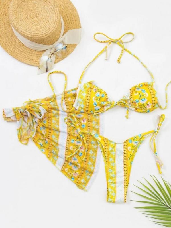 Ethnic Print Bikini Three-piece Set kakaclo