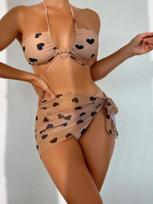 Heart Print Halter Bikini Swimsuit & Beach Skirt 3-piece Set kakaclo