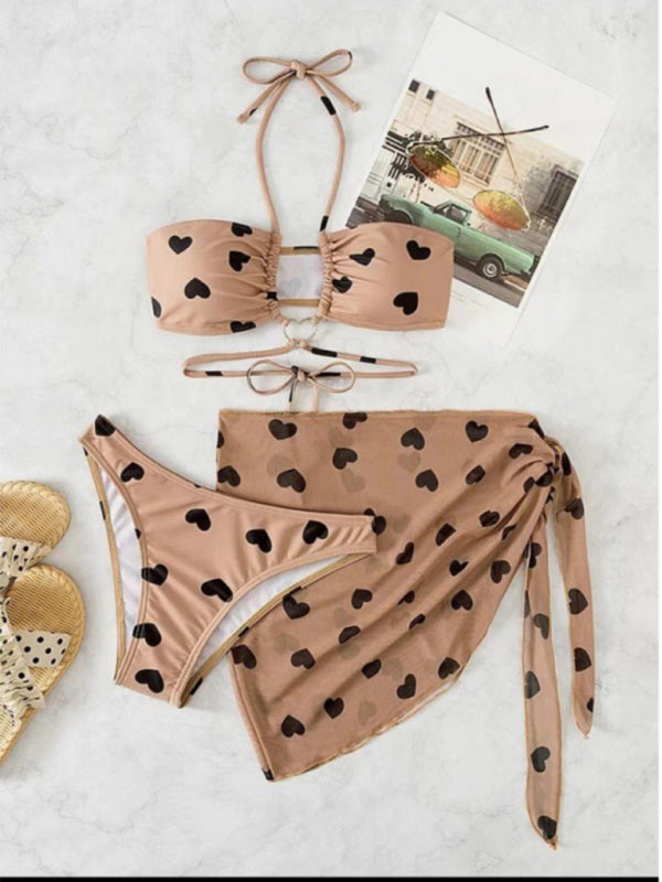 Heart Print Halter Bikini Swimsuit & Beach Skirt 3-piece Set kakaclo