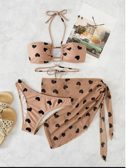 Heart Print Halter Bikini Swimsuit & Beach Skirt 3-piece Set kakaclo
