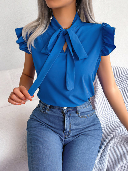Solid Color Tie Neck Flutter Sleeve Top kakaclo