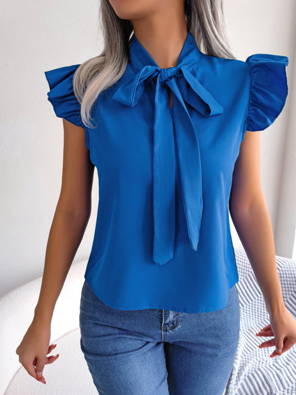 Solid Color Tie Neck Flutter Sleeve Top kakaclo