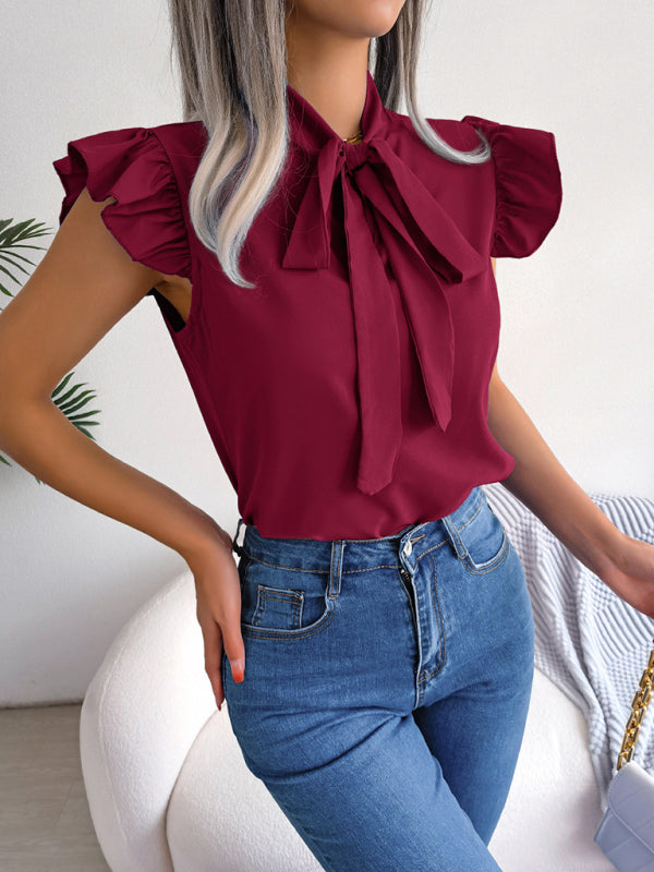 Solid Color Tie Neck Flutter Sleeve Top kakaclo