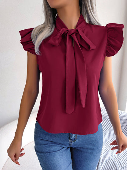 Solid Color Tie Neck Flutter Sleeve Top kakaclo