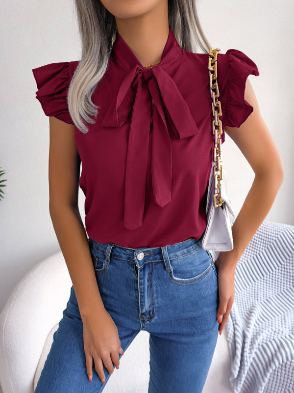 Solid Color Tie Neck Flutter Sleeve Top kakaclo