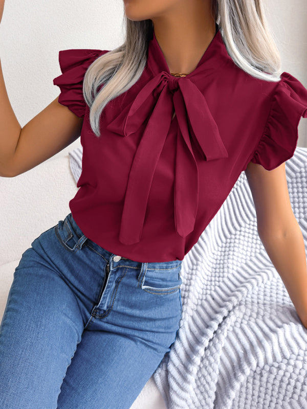 Solid Color Tie Neck Flutter Sleeve Top kakaclo