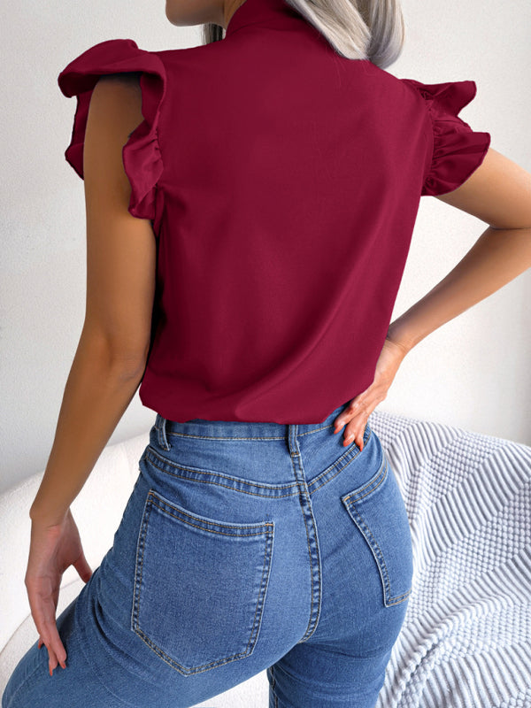 Solid Color Tie Neck Flutter Sleeve Top kakaclo