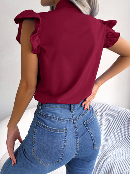 Solid Color Tie Neck Flutter Sleeve Top kakaclo