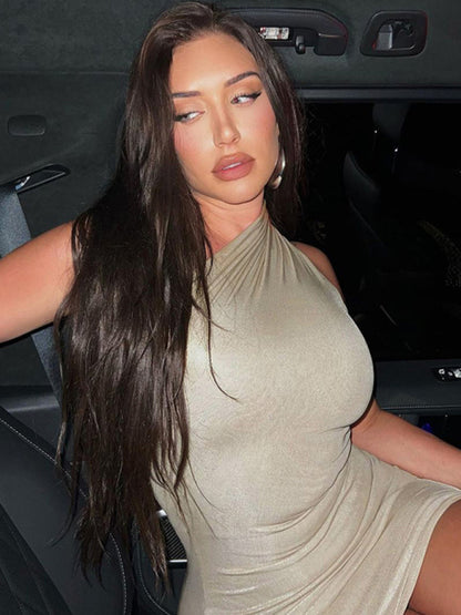 New Sexy Slim Solid Color Slant Shoulder Sleeveless Hip Dress kakaclo