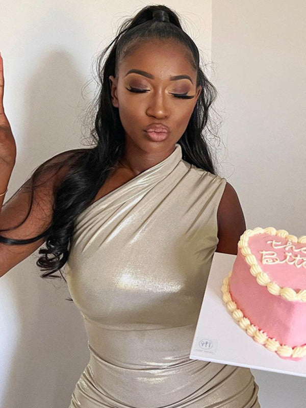 New Sexy Slim Solid Color Slant Shoulder Sleeveless Hip Dress kakaclo