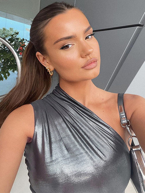 New Sexy Slim Solid Color Slant Shoulder Sleeveless Hip Dress kakaclo