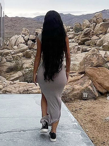 Solid Color Casual Pleated Shoulder Slit Slim Long Dress kakaclo