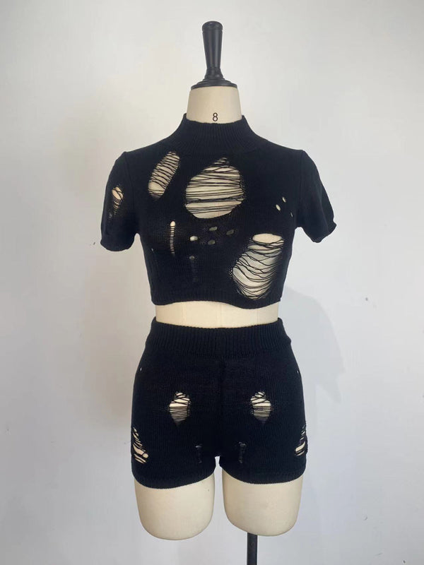 Casual Knitted Hollow Short Set kakaclo