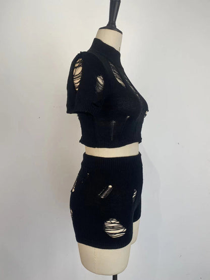 Casual Knitted Hollow Short Set kakaclo