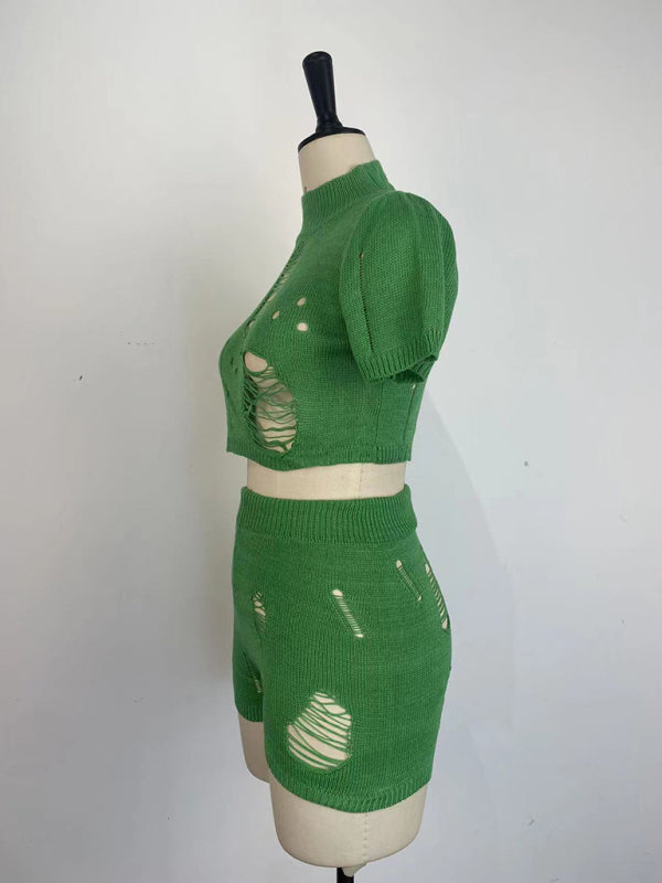 Casual Knitted Hollow Short Set kakaclo