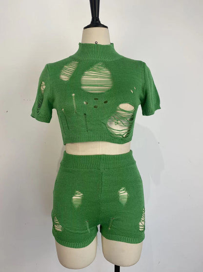Casual Knitted Hollow Short Set kakaclo