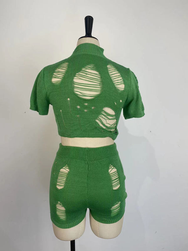 Casual Knitted Hollow Short Set kakaclo