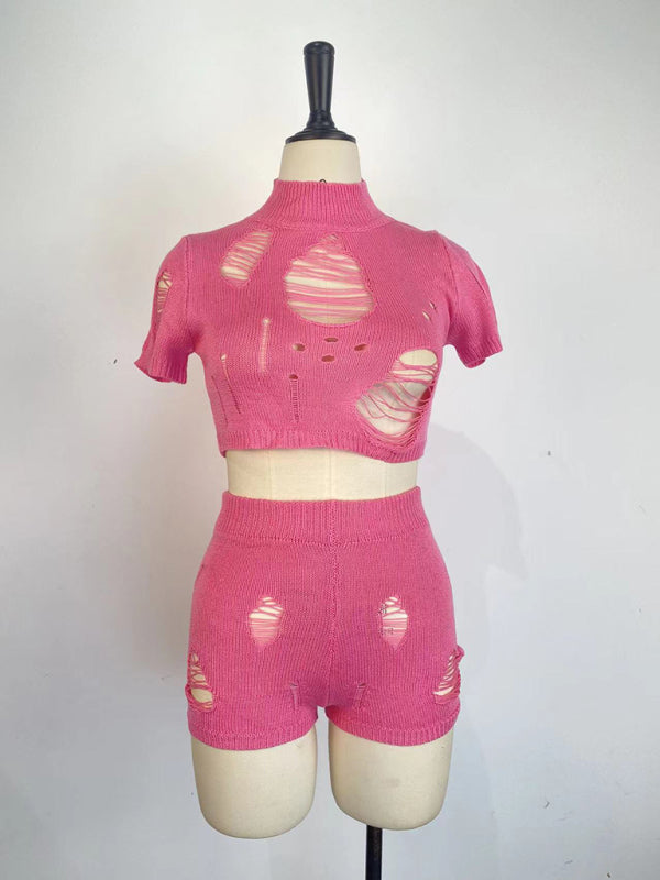 Casual Knitted Hollow Short Set kakaclo