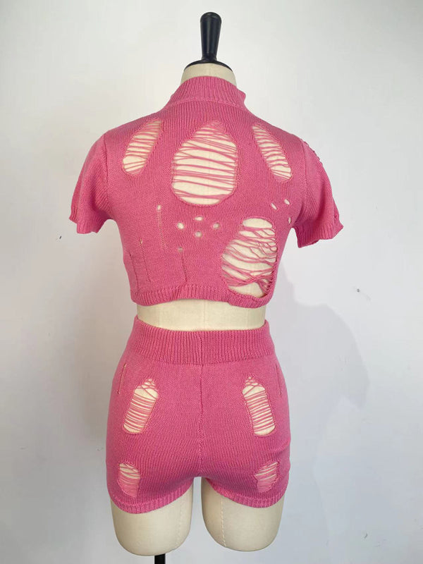 Casual Knitted Hollow Short Set kakaclo