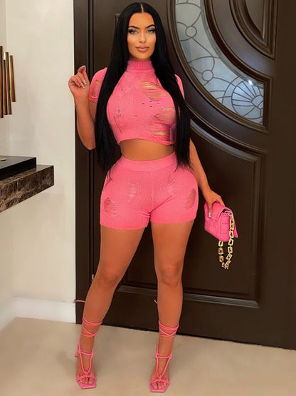 Casual Knitted Hollow Short Set kakaclo