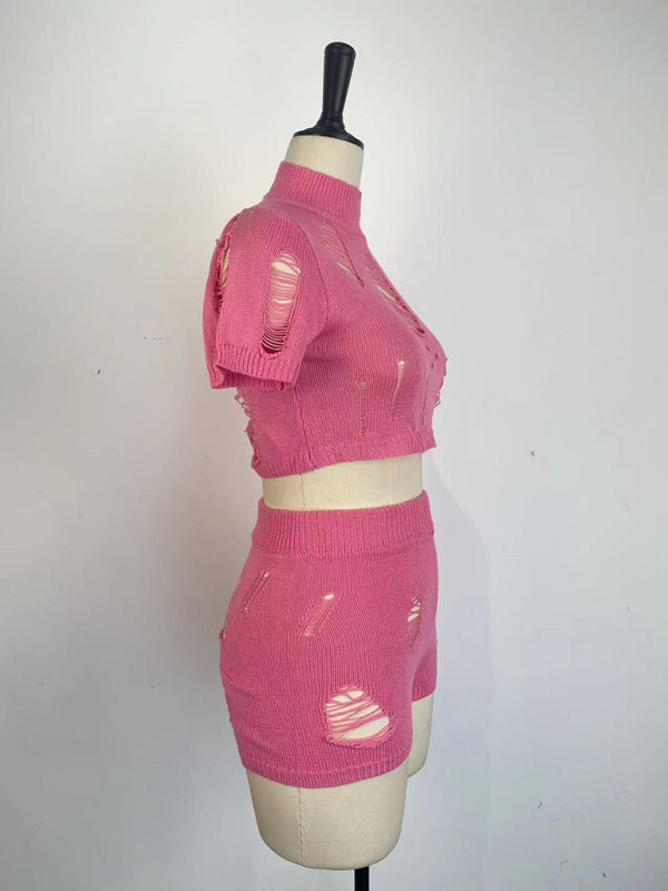 Casual Knitted Hollow Short Set kakaclo