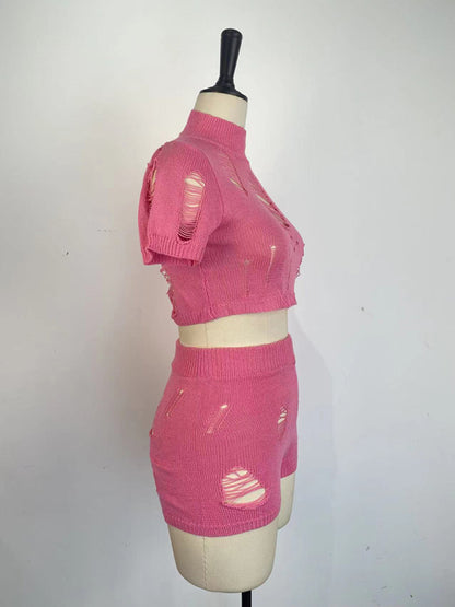Casual Knitted Hollow Short Set kakaclo