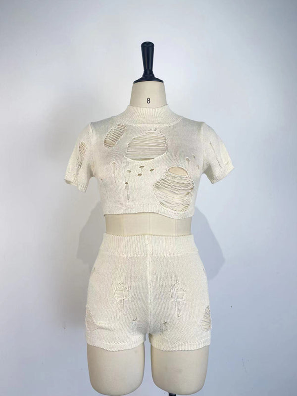 Casual Knitted Hollow Short Set kakaclo